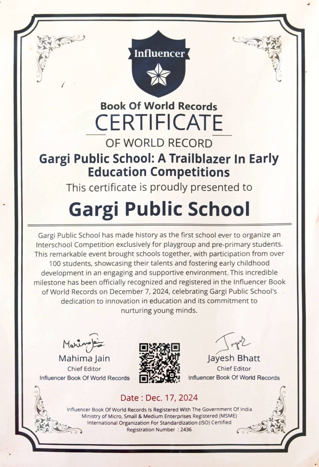 Influencer Book of World Records Certificate